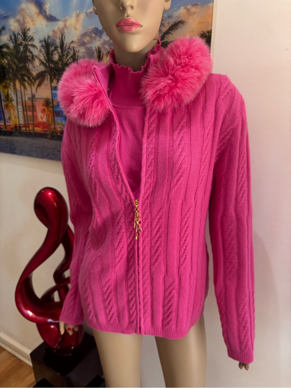 St. John Pink 100 % cashmere Zip Cardigan Fox Fur Collar Large twinset jacket